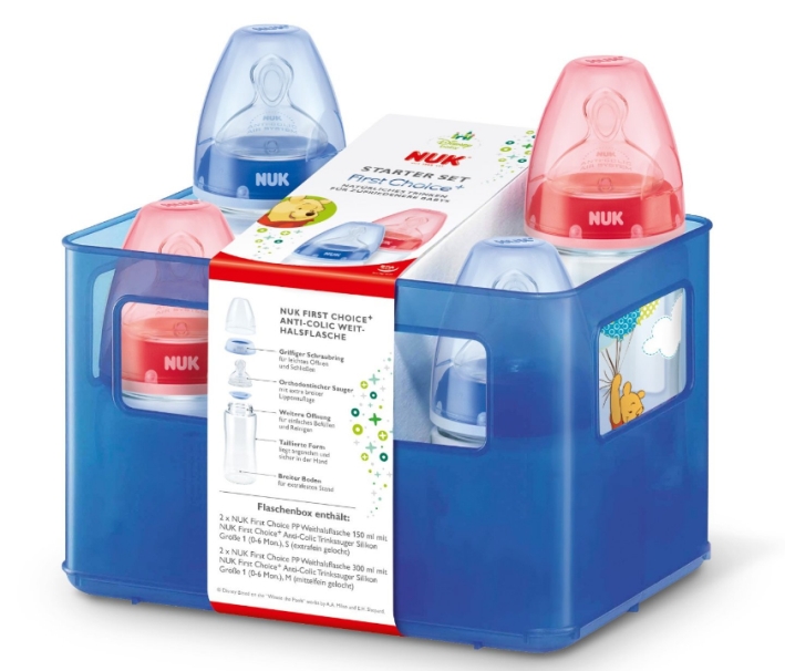 NUK Disney Winnie First Choice+ Starter Set mit 4 Anti-Colic Weithalsflaschen, Neuware