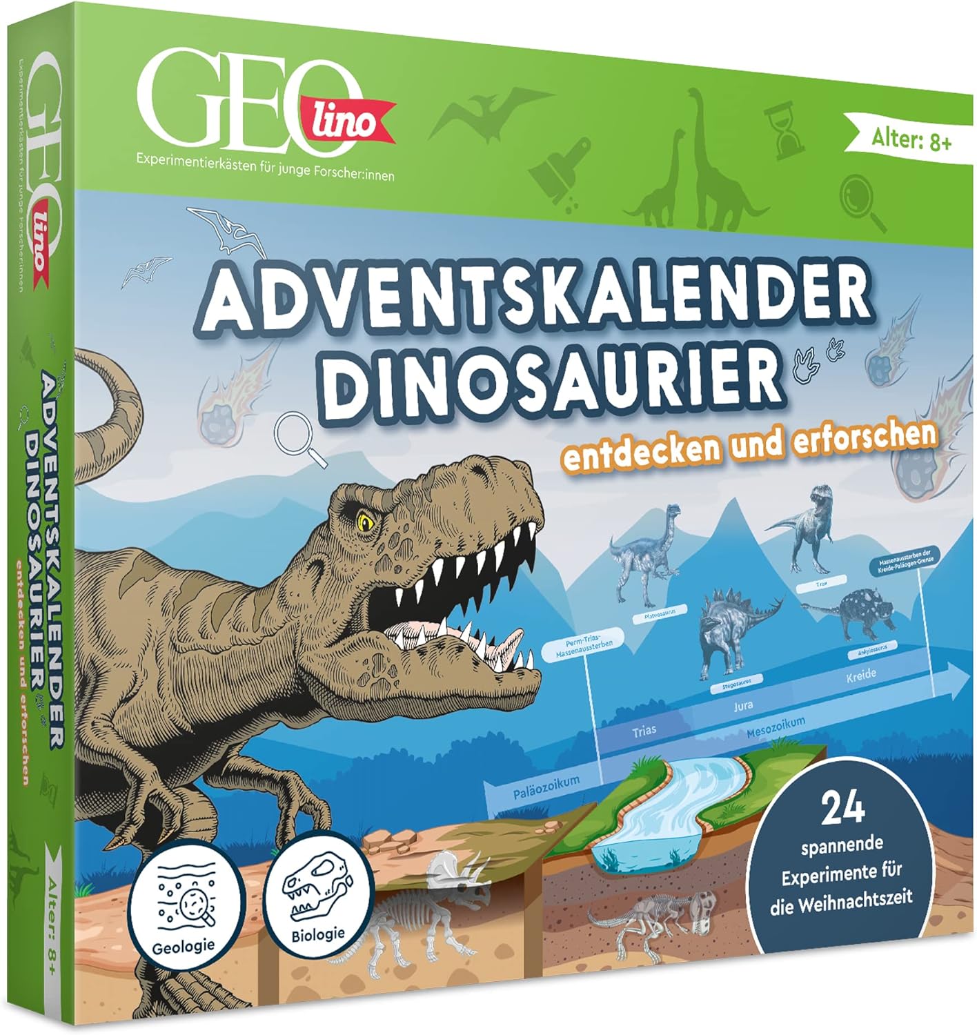FRANZIS 67205 - GEOlino Adventskalender Dinosaurier entdecken und erforschen, 24 spannende Experimente für die Weihnachtszeit, für Kinder ab 8 Jahren, Neuware