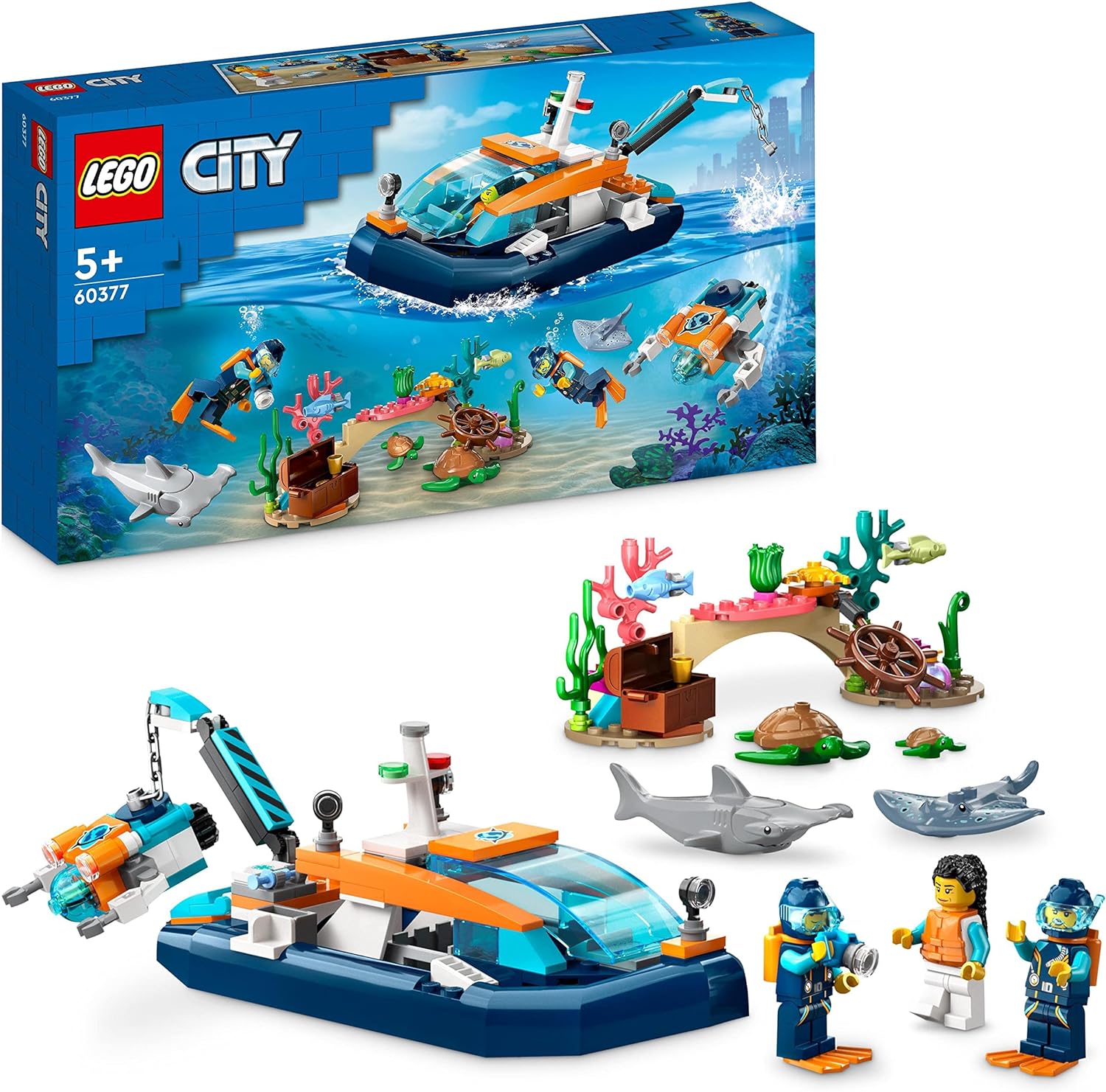 LEGO City 60377 Meeresforscher-Boot, Set enthält Korallenriff, U-Boot, 3 Minifiguren und Mantarochen, Haie, Krabben und 2 Schildkröten, Neuware