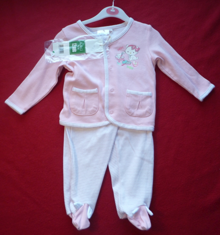 2-teiliges Set: Strickjacke u. Hose, Streifen u. Charmmy Kitty-Motiv rosa u. weiß - Gr. 80, Neuware