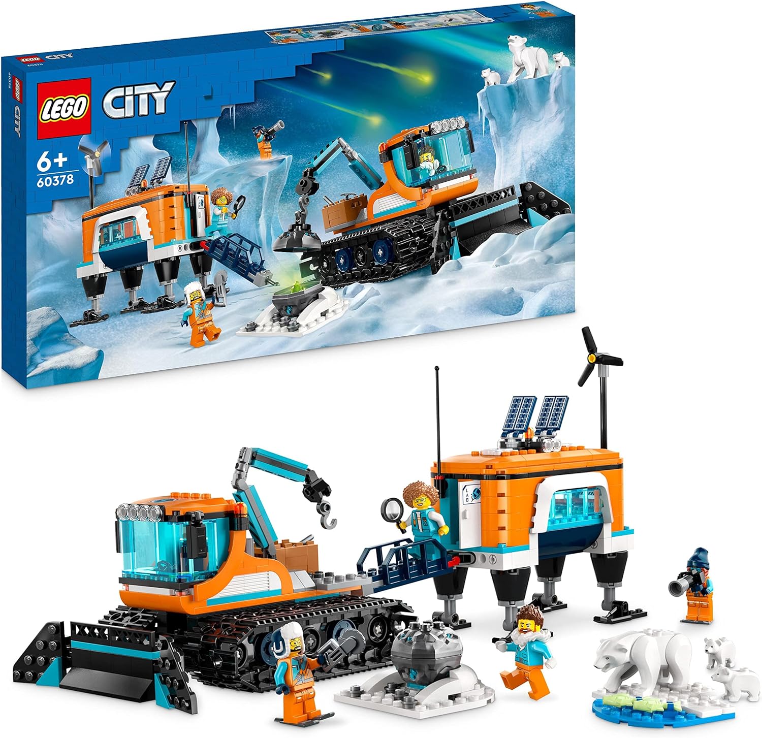LEGO City 60378 Arktis-Schneepflug mit mobilem Labor, mit Spielzeugkran, Meteorit, 4 Minifiguren und 3 Eisbär-Figuren, Neuware