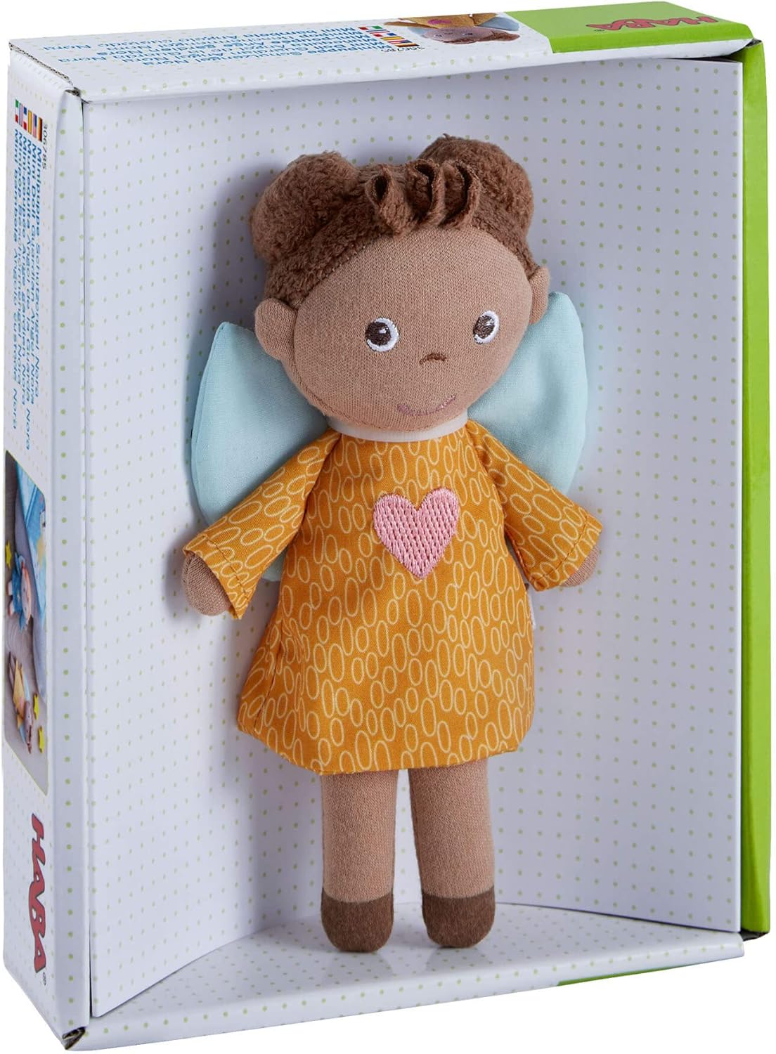 HABA Minipuppe Schutzengel Nora, Weiche 17 cm Stoffpuppe für Babys zur Geburt, Abnehmbare und waschbare Kleidung, Neuware